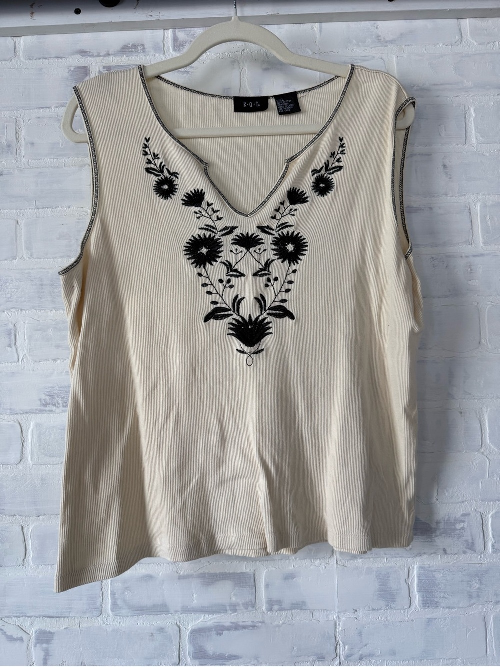 Vintage RQT Cream Embroidered V-Neck Tank Top